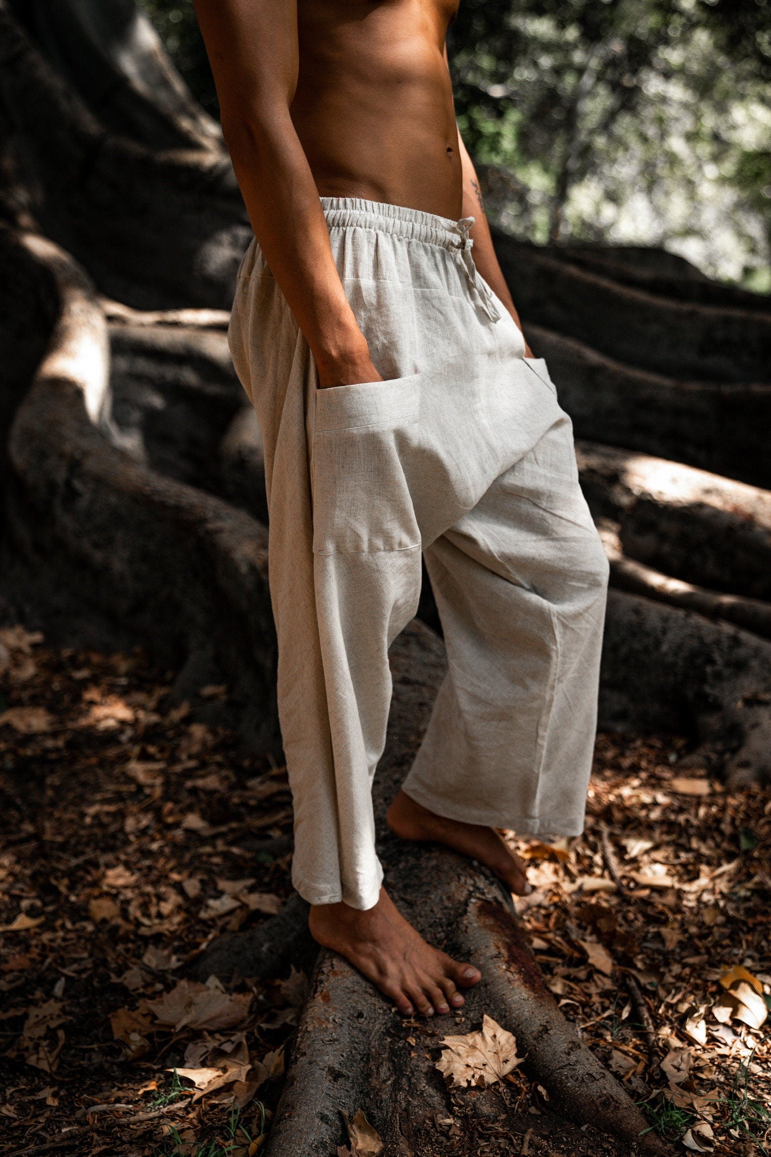 TADASANA Beige Organic Hemp and Cotton Mens Pants, Handmade, Pockets, Eco friendly, Sustainable Comfortable Earthy Yoga Gypsy Boho AJJAYA