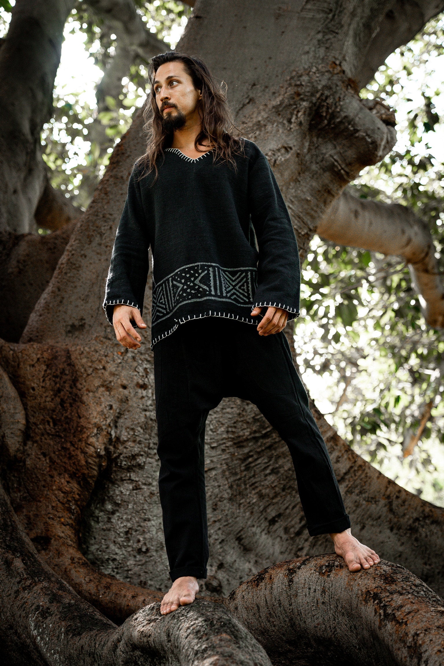 KAURI LONG Black Mens Top Handmade Muscle Gypsy Earthy Shirt, Tribal Jungle Natural Savage Festival Rave AJJAYA Nomadic Primitive