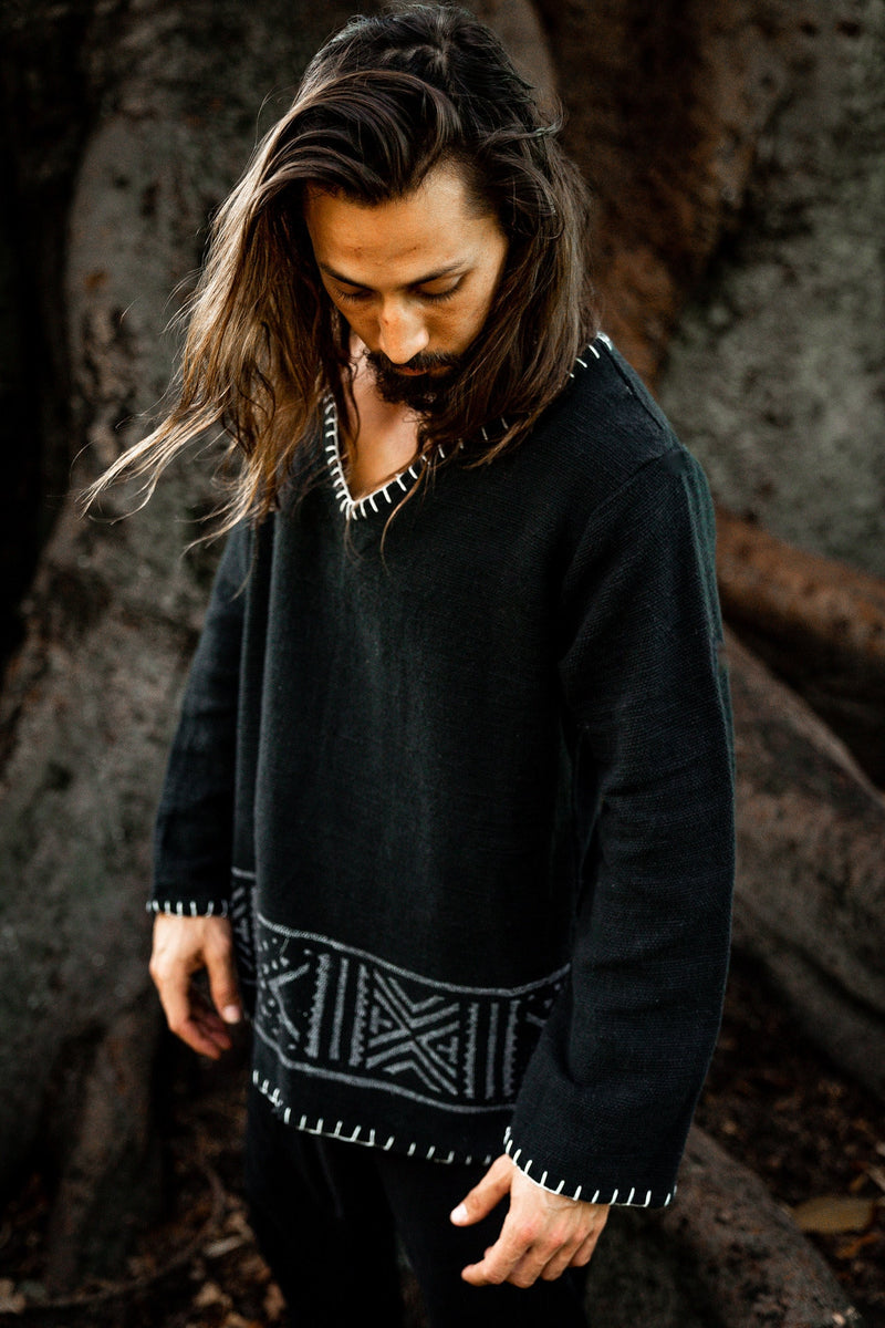 KAURI LONG Black Mens Top Handmade Muscle Gypsy Earthy Shirt, Tribal Jungle Natural Savage Festival Rave AJJAYA Nomadic Primitive