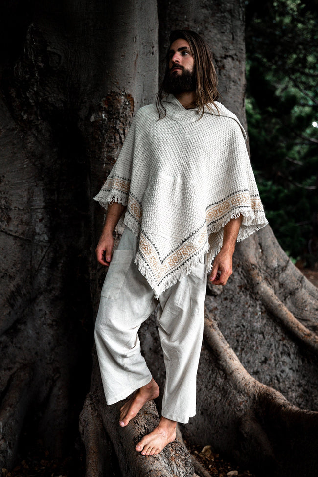 VECHO Brown Womens Hooded Vegan Poncho Textured Cotton with Hood Block Printed Tribal Pattern Gypsy Festival Boho ceremony ritual AJJAYA