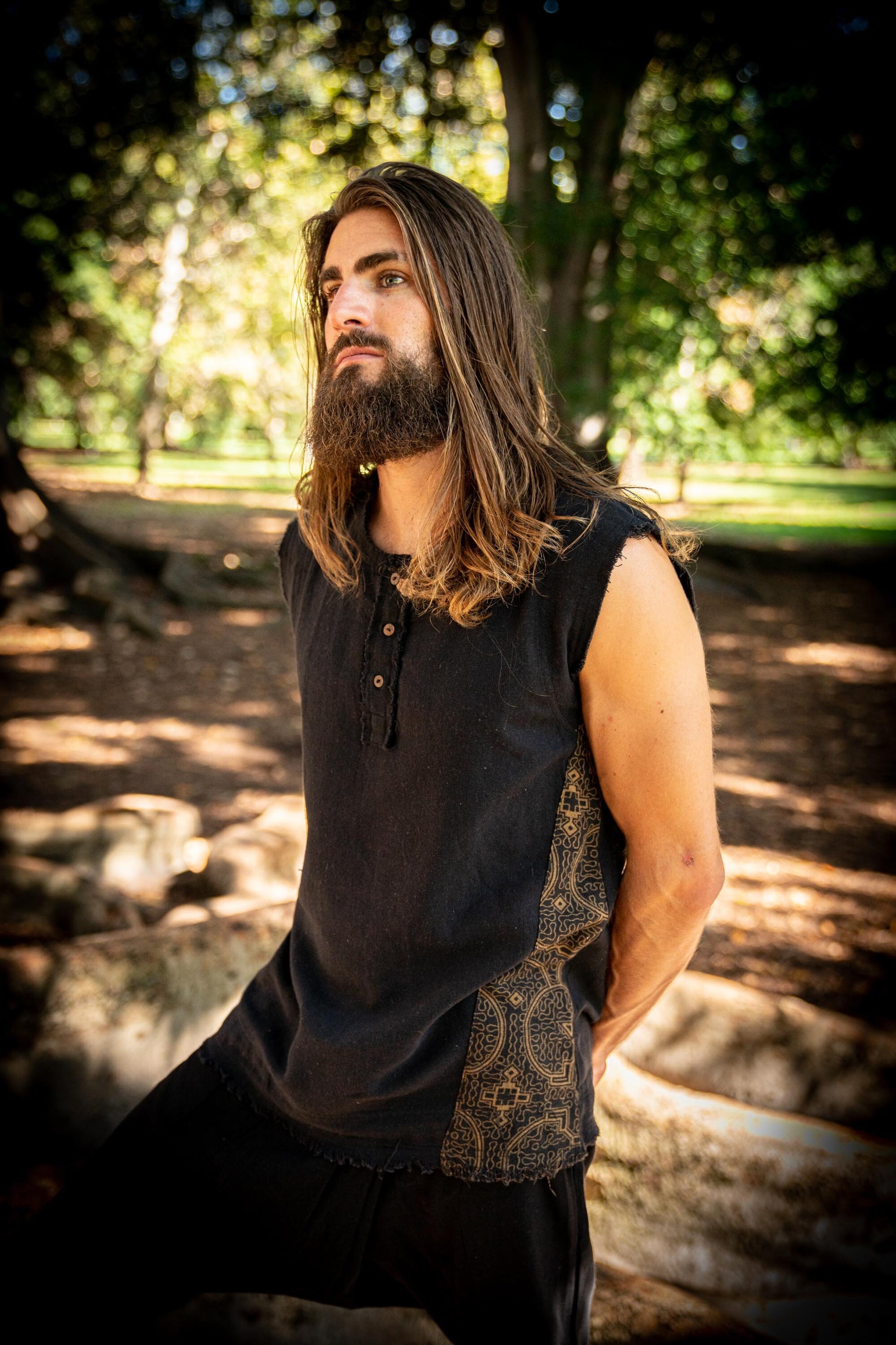 Mens Tank Top Neo SHIPIBO Black  Gypsy Sleeveless Earthy T Shirt, Open Neck Tribal Jungle Primitive Festival Rave AJJAYA Nomadic Primitive