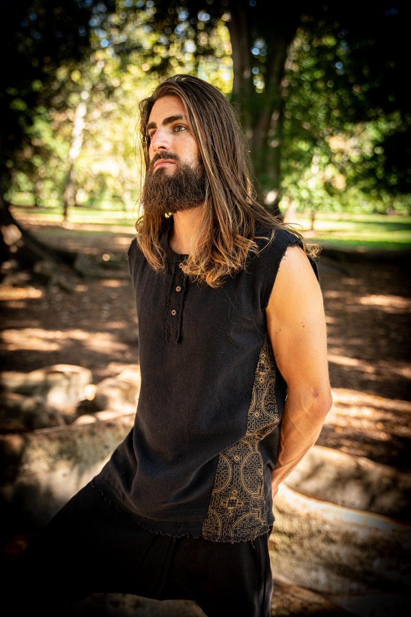 Mens Tank Top Neo SHIPIBO Black  Gypsy Sleeveless Earthy T Shirt, Open Neck Tribal Jungle Primitive Festival Rave AJJAYA Nomadic Primitive