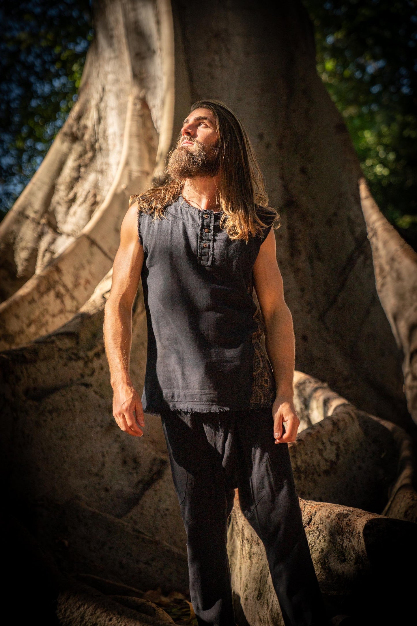 Mens Tank Top Neo SHIPIBO Black  Gypsy Sleeveless Earthy T Shirt, Open Neck Tribal Jungle Primitive Festival Rave AJJAYA Nomadic Primitive