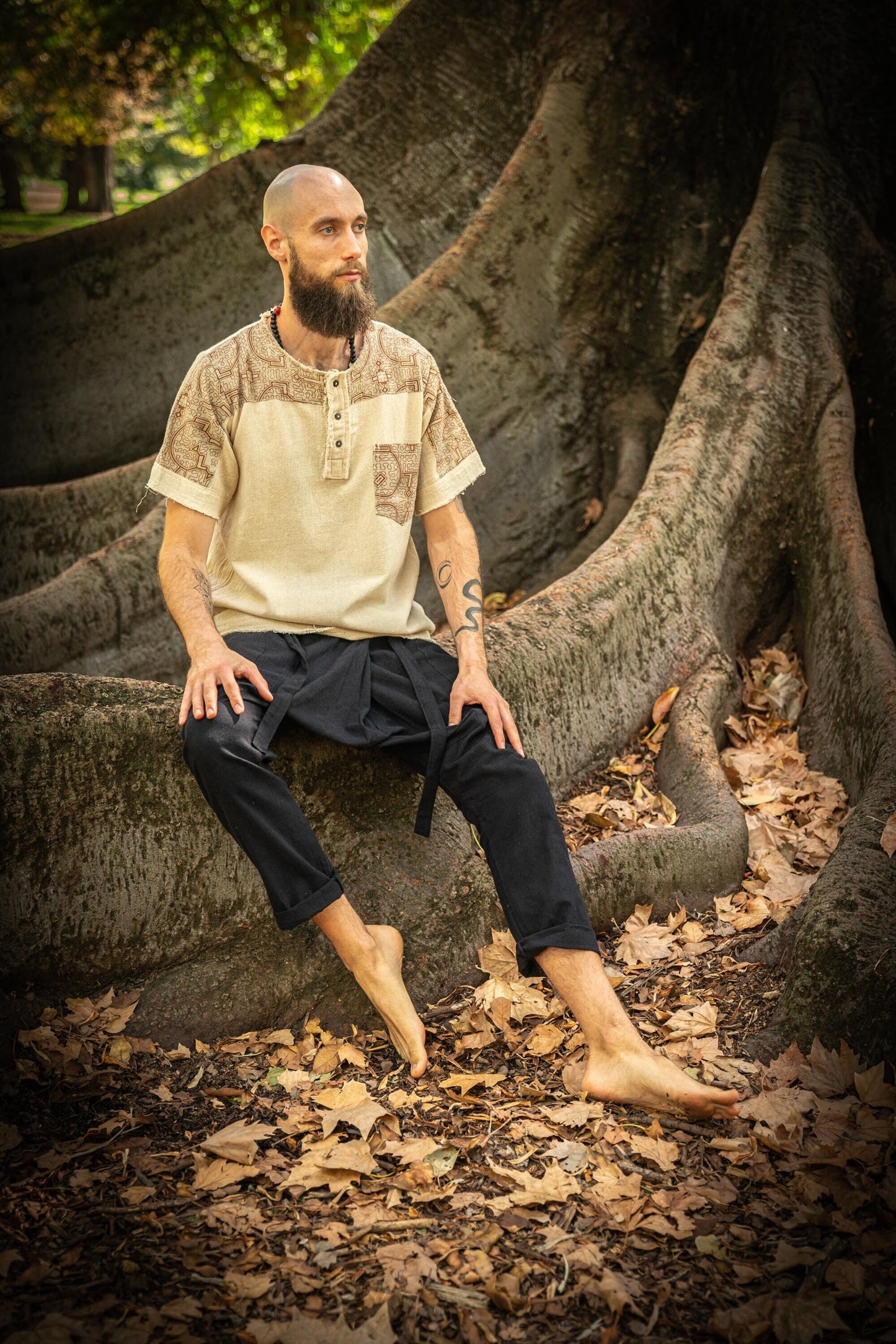 ASURA Mens Top Beige Brown Sacred Plant Shipibo Pattern Pocket T Shirt Shamanic Neo Tribal Gypsy Ritual Shaman Ethnic Handmade AJJAYA