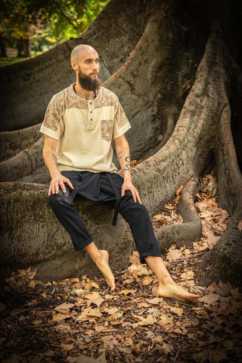 ASURA Mens Top Beige Brown Sacred Plant Shipibo Pattern Pocket T Shirt Shamanic Neo Tribal Gypsy Ritual Shaman Ethnic Handmade AJJAYA