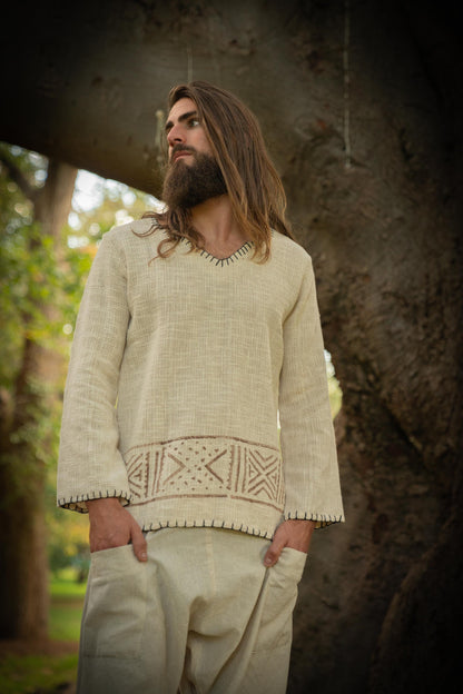 KAURI LONG Beige Mens Top Handmade Muscle Gypsy Earthy Shirt, Tribal Jungle Natural Savage Festival Rave AJJAYA Nomadic Primitive