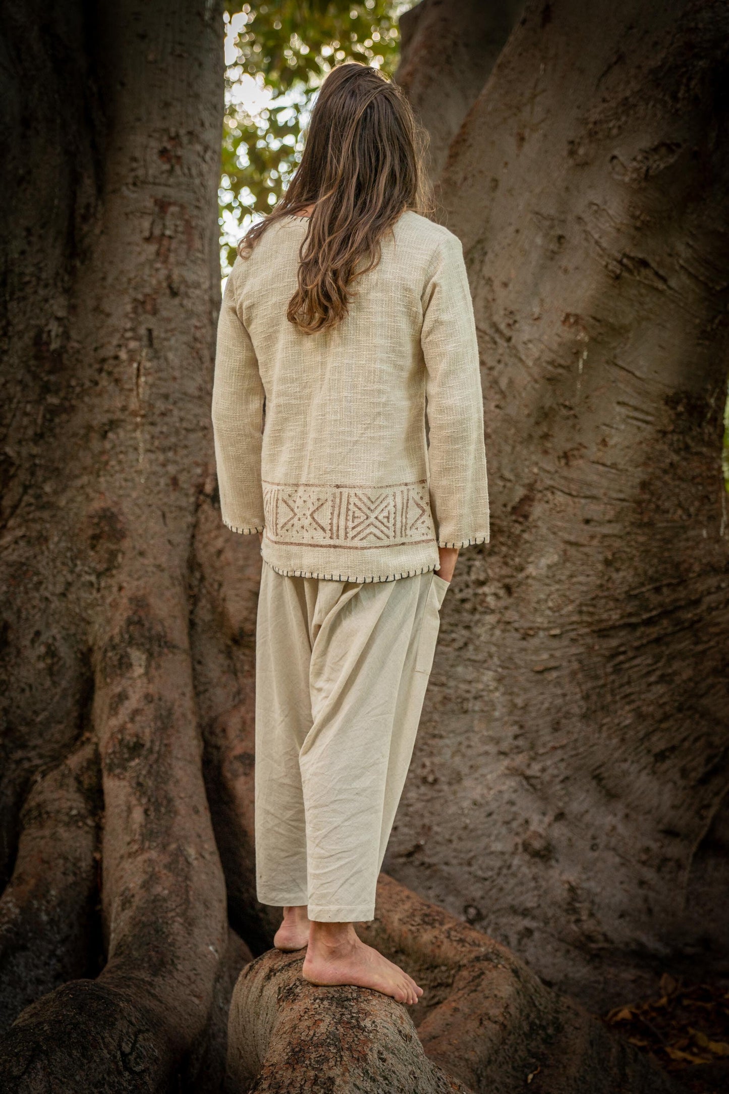 KAURI LONG Beige Mens Top Handmade Muscle Gypsy Earthy Shirt, Tribal Jungle Natural Savage Festival Rave AJJAYA Nomadic Primitive