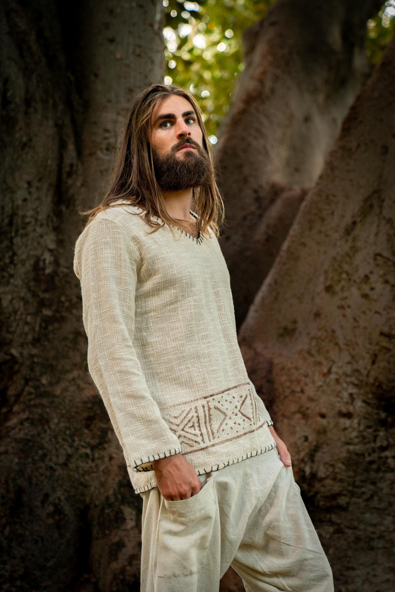 KAURI LONG Beige Mens Top Handmade Muscle Gypsy Earthy Shirt, Tribal Jungle Natural Savage Festival Rave AJJAYA Nomadic Primitive