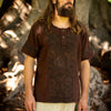 WASKA Mens Top Brown Sacred Plant Shipibo Shaman Pattern T Shirt Shamanic Neo Tribal Gypsy Ritual Festival Ceremony Ethnic Handmade AJJAYA