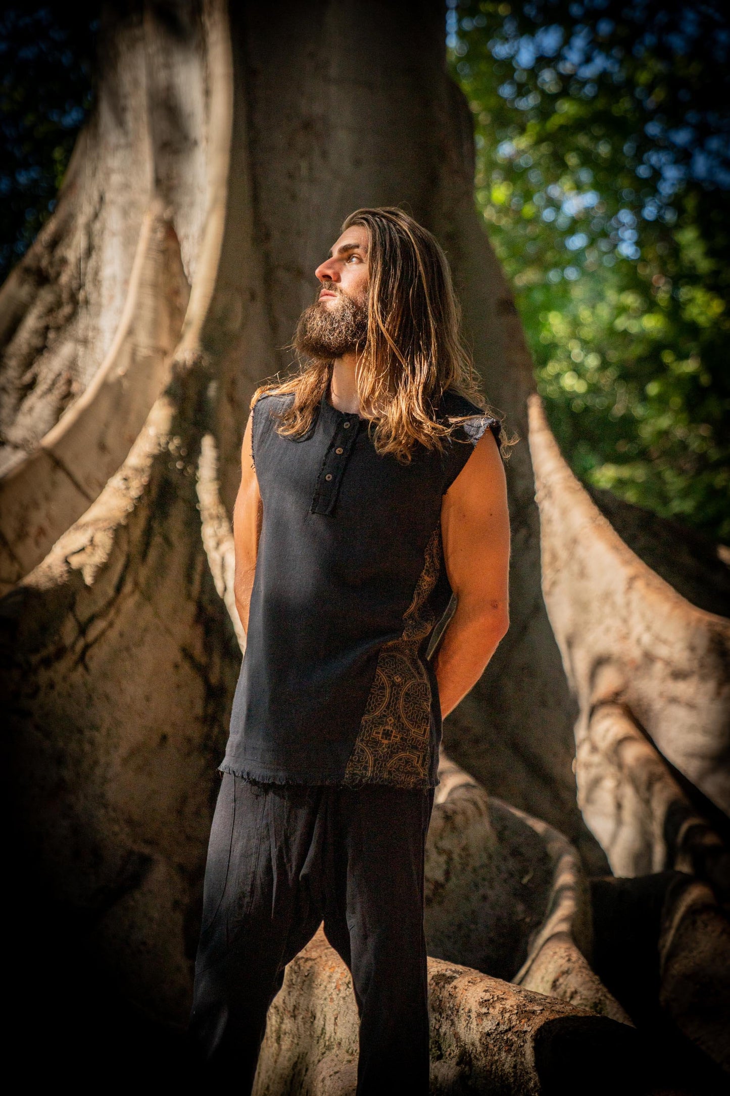 Mens Tank Top Neo SHIPIBO Black  Gypsy Sleeveless Earthy T Shirt, Open Neck Tribal Jungle Primitive Festival Rave AJJAYA Nomadic Primitive