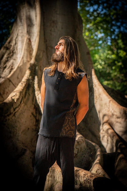 Mens Tank Top Neo SHIPIBO Black  Gypsy Sleeveless Earthy T Shirt, Open Neck Tribal Jungle Primitive Festival Rave AJJAYA Nomadic Primitive