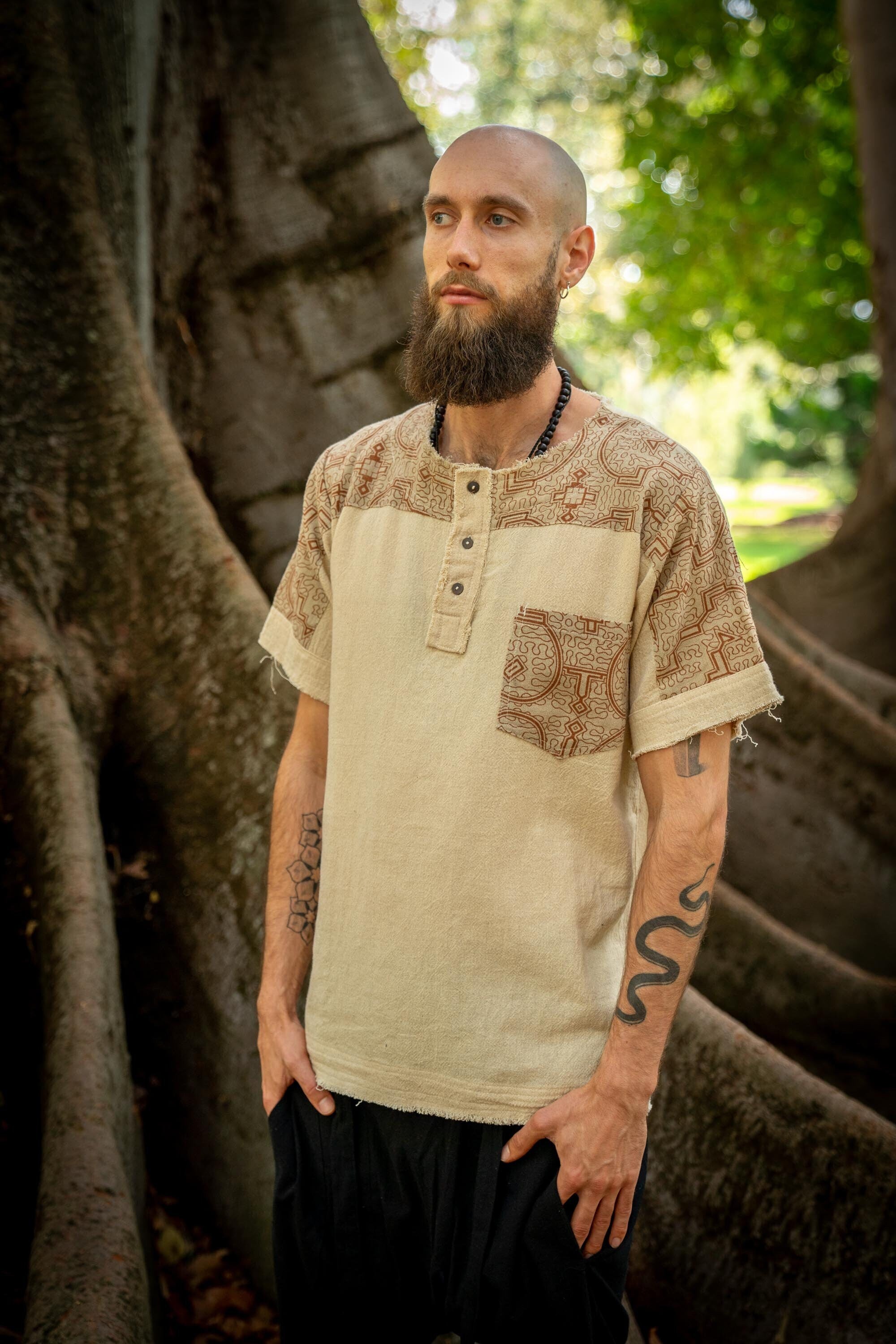 ASURA Mens Top Beige Brown Sacred Plant Shipibo Pattern Pocket T Shirt Shamanic Neo Tribal Gypsy Ritual Shaman Ethnic Handmade AJJAYA