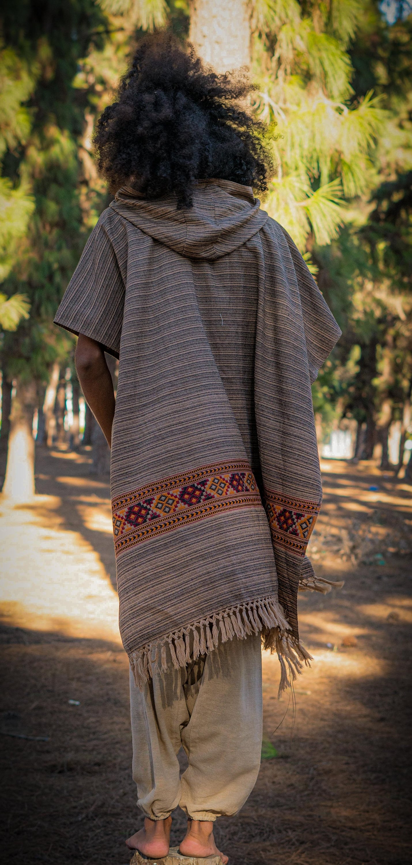 JHANA Mens Hooded Poncho Long Mocca Brown YAK and Acrylic Wool with Tribal Embroidery Hood Pockets Hippie Primitive Boho Mexican AJJAYA