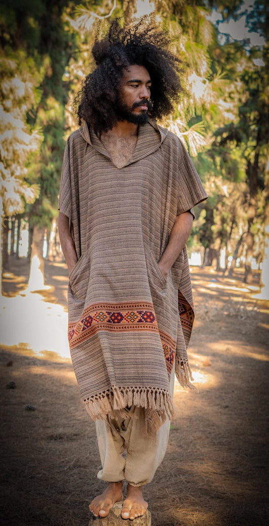 JHANA Mens Hooded Poncho Long Mocca Brown YAK and Acrylic Wool with Tribal Embroidery Hood Pockets Hippie Primitive Boho Mexican AJJAYA