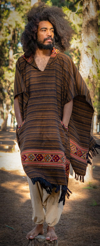 JHANA Mens Hooded Poncho Long Bronze YAK and Acrylic Wool with Tribal Embroidery Hood Pockets Hippie Primitive Boho Nomadic Mexican AJJAYA