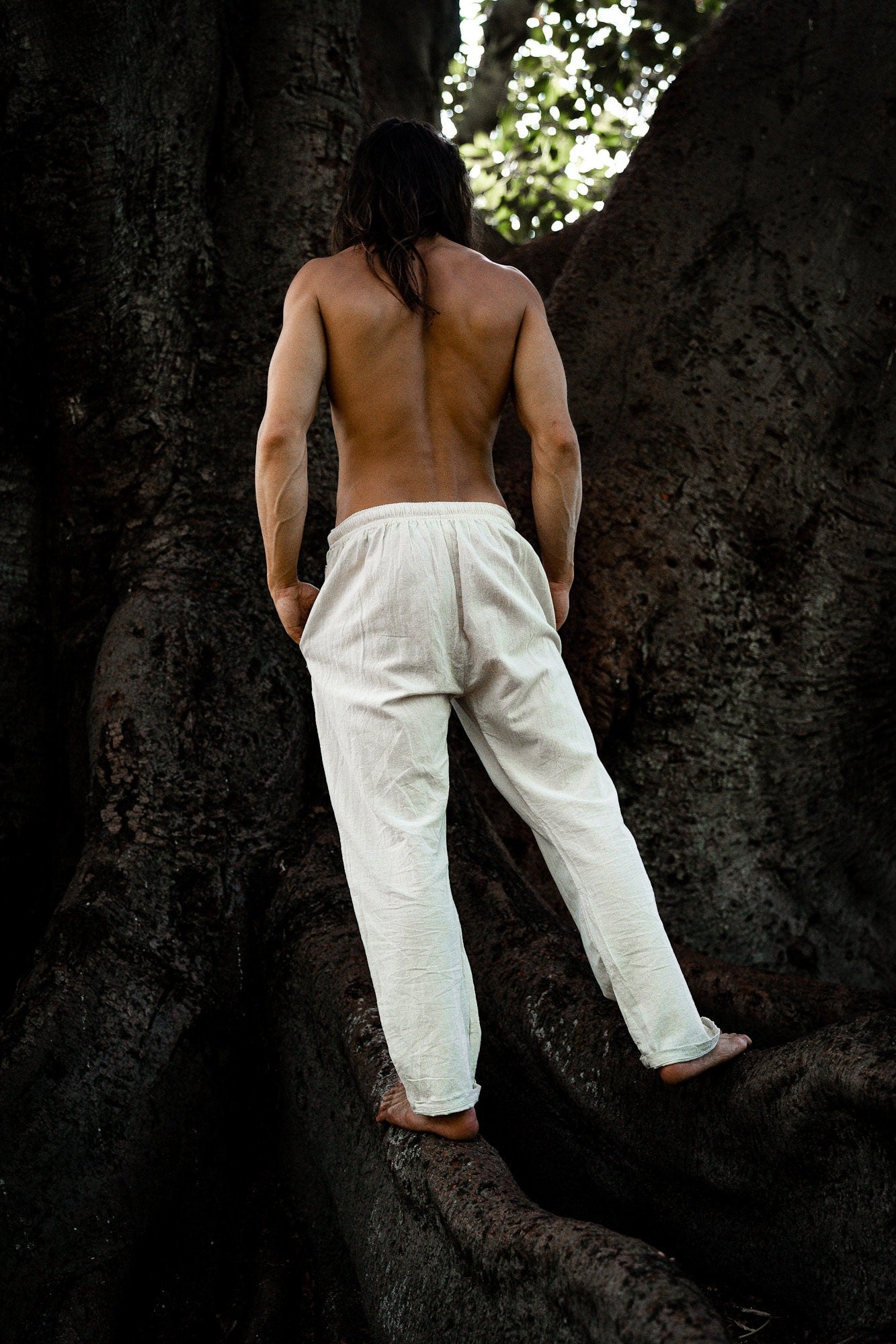 ANANDA Simple Mens Pants Beige Organic Hemp and Cotton Handmade Pockets, Eco friendly, Sustainable Comfortable Earthy Yoga Gypsy Boho AJJAYA