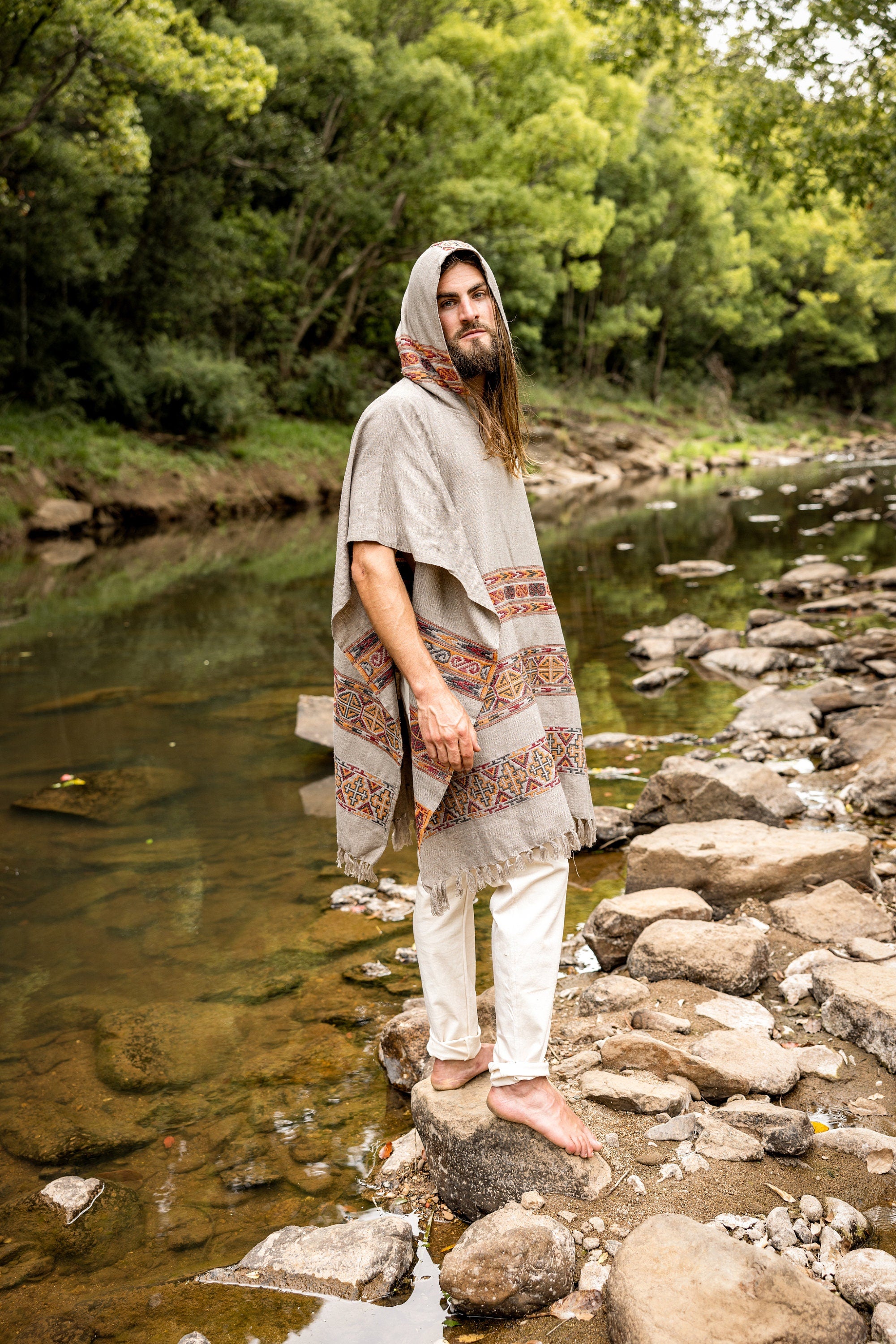 Mens Hooded Poncho Long Light Grey Cashmere Wool Tribal Embroidery, Large Hood, Pockets, Hippie, Primitive, Gypsy, Boho festival AJJAYA