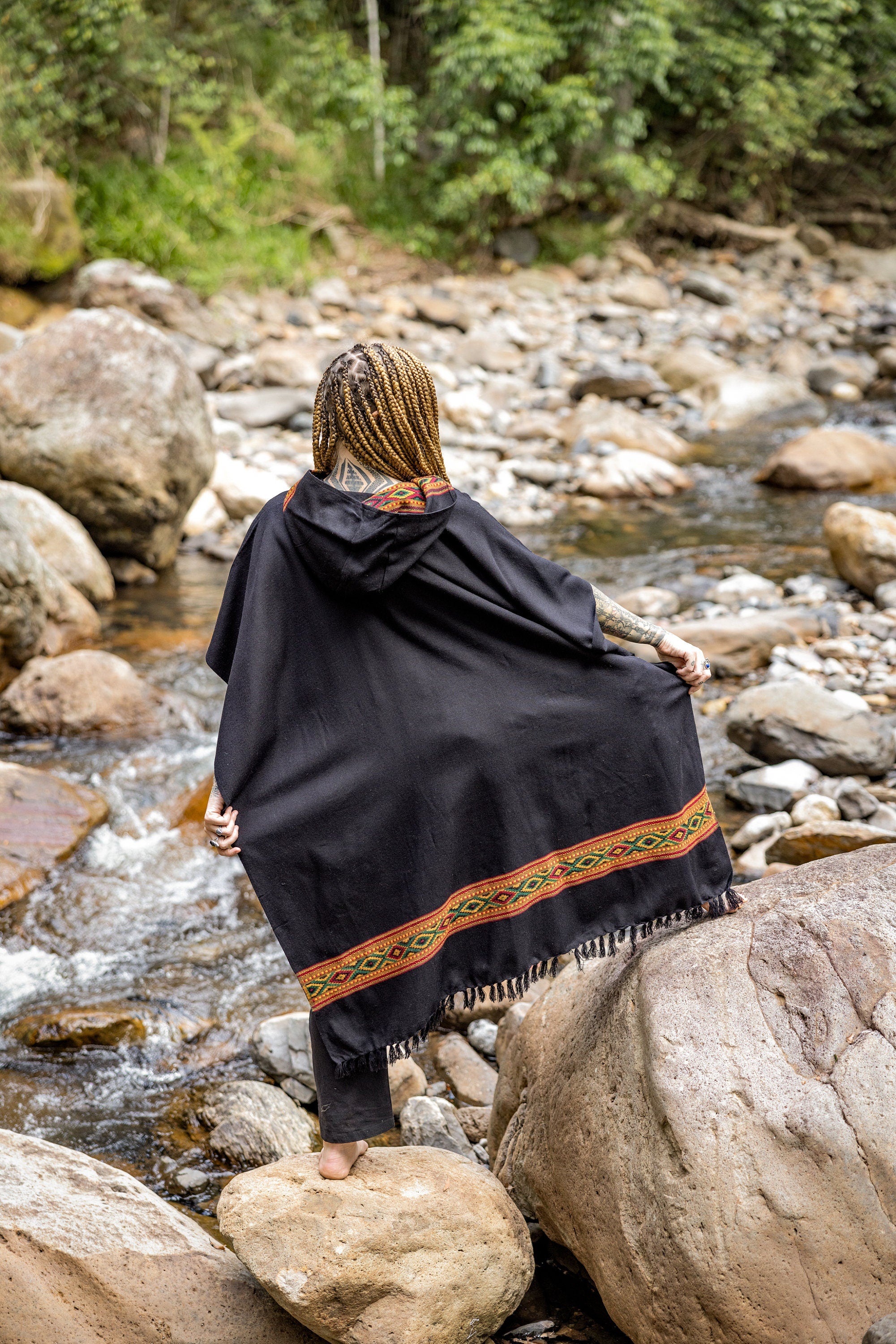 UPEKKHA Womens Black Hooded Poncho Long Cashmere and Acrylic Wool with Tribal Embroidery Large Hood, Pockets Hippie Primitive Boho AJJAYA