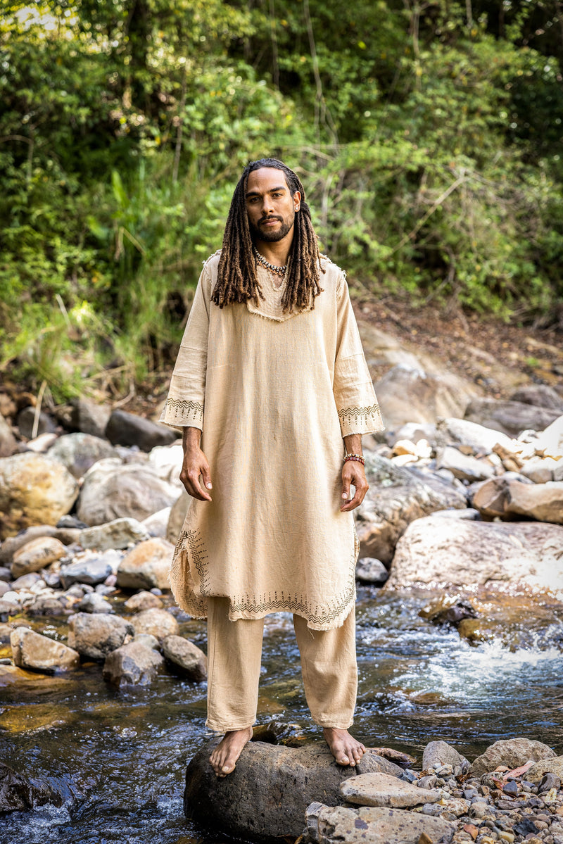 YOSEPH Kurta Beige Aramaic Gown Long Top Mens Dress Shirt Biblical Natural Cotton Handwoven Block Print Natural Plant Dye Ceremony AJJAYA