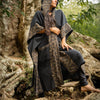 AYAWA Kimono Black Womens Hooded Cape Robe Poncho Shipibo Sacred Patterns Ceremony Ritual Shaman Tribal Shawl Viking Festival Rave AJJAYA