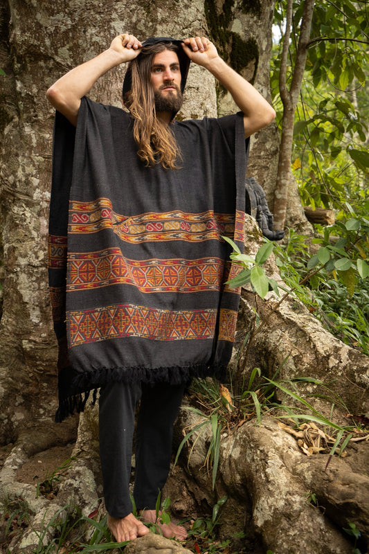 Mens Hooded Poncho Long Dark Grey Cashmere Wool Tribal Embroidery, Large Hood, Pockets, Hippie, Primitive, Gypsy, Boho festival AJJAYA