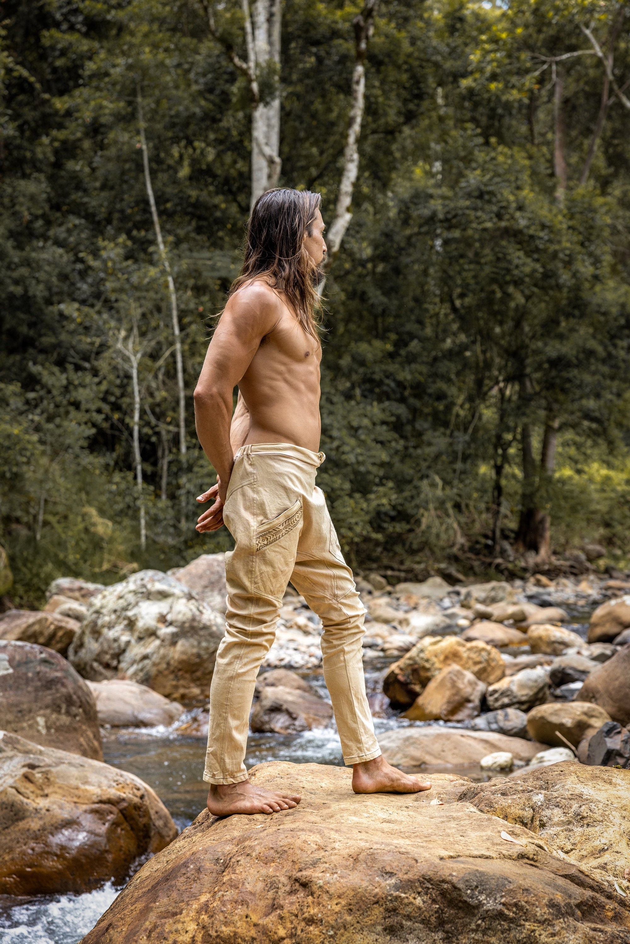 AGILO Beige Yoga Pants Harem Drop Crotch with Zipped Pockets Stretchy Cotton Rock Climbing Hiking Festival Stone Washed Block Printed AJJAYA