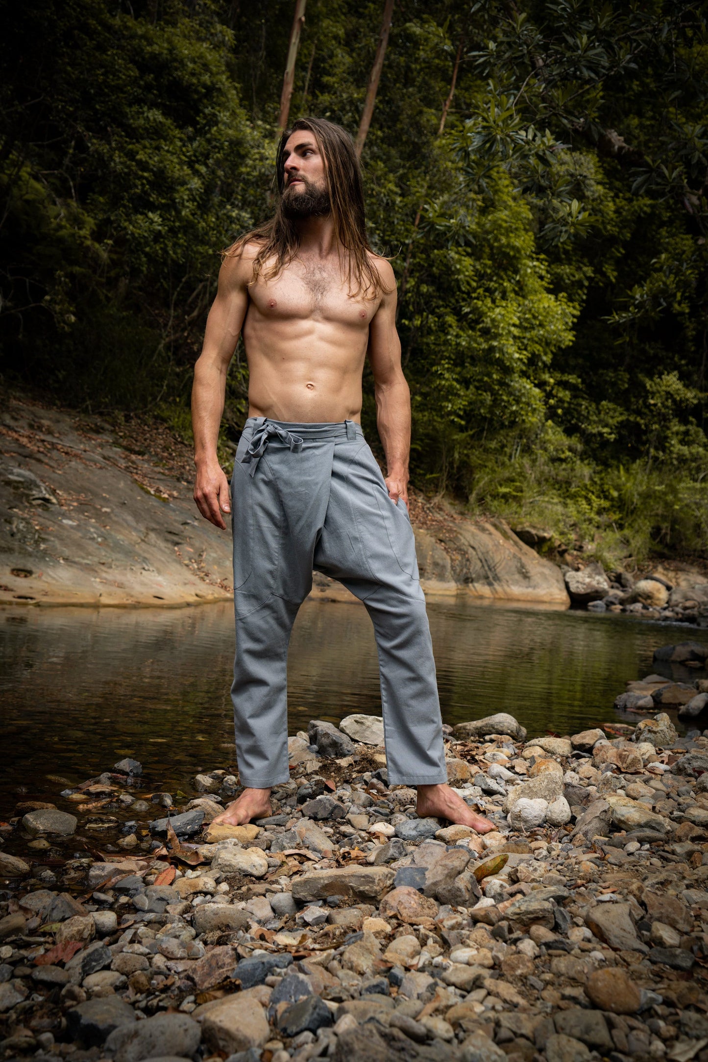 Mens Grey Cotton Pants Drop Crotch Harem Alibaba Yoga Comfortable Breathable One Size Loose Fit Festival Boho Hippie Natural Earthy AJJAYA