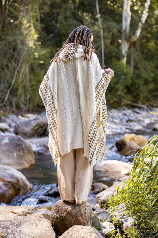 AKKAD Handmade Ceremonial Hooded Poncho Hood Pockets Vegan Cotton Block Printed Tribal Patterns Naturally Dyed Viking AJJAYA