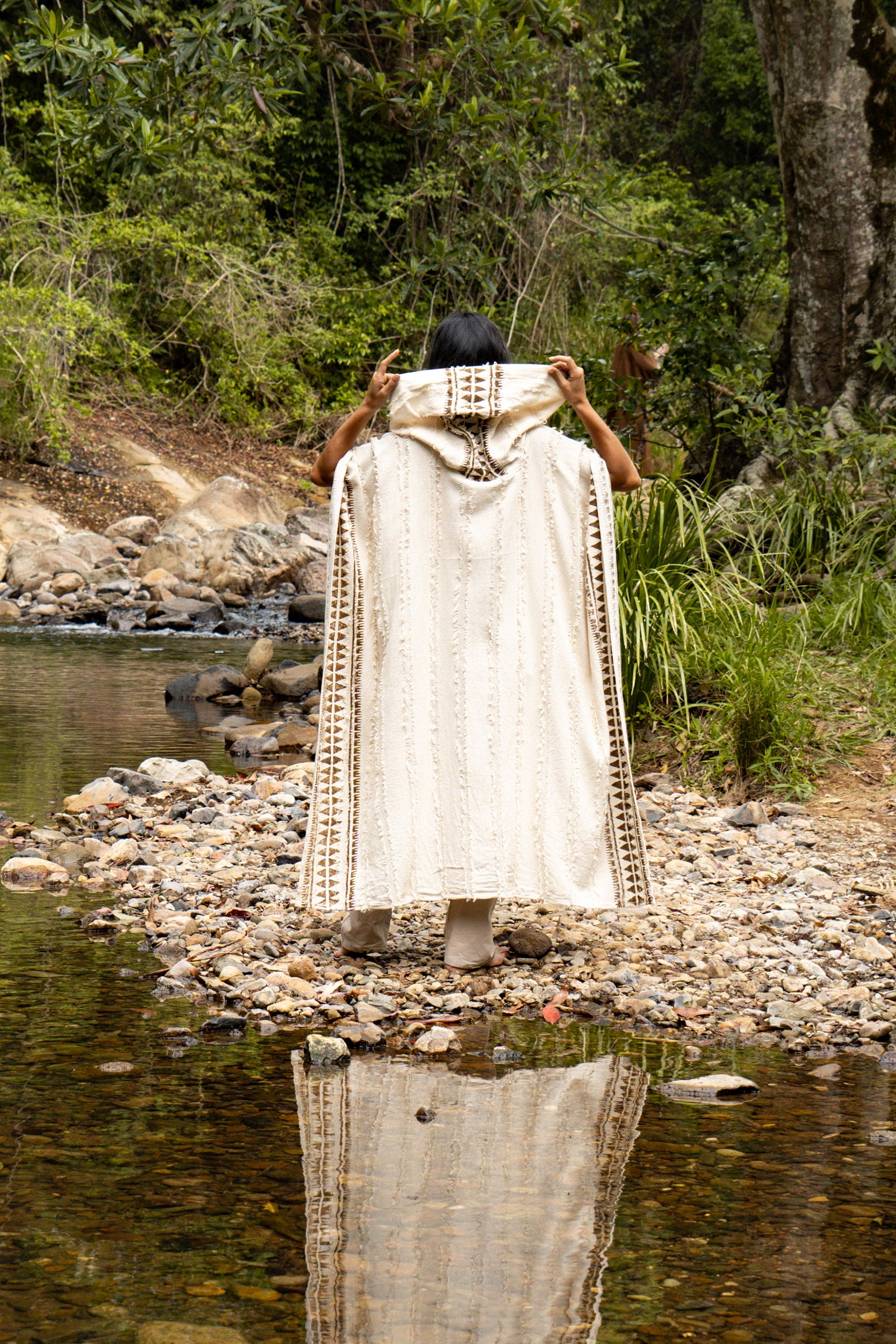 AKKAD Poncho Beige Handmade Ceremonial Hooded Hood Pockets Vegan Cotton Block Printed Tribal Patterns Naturally Dyed Festival Viking AJJAYA