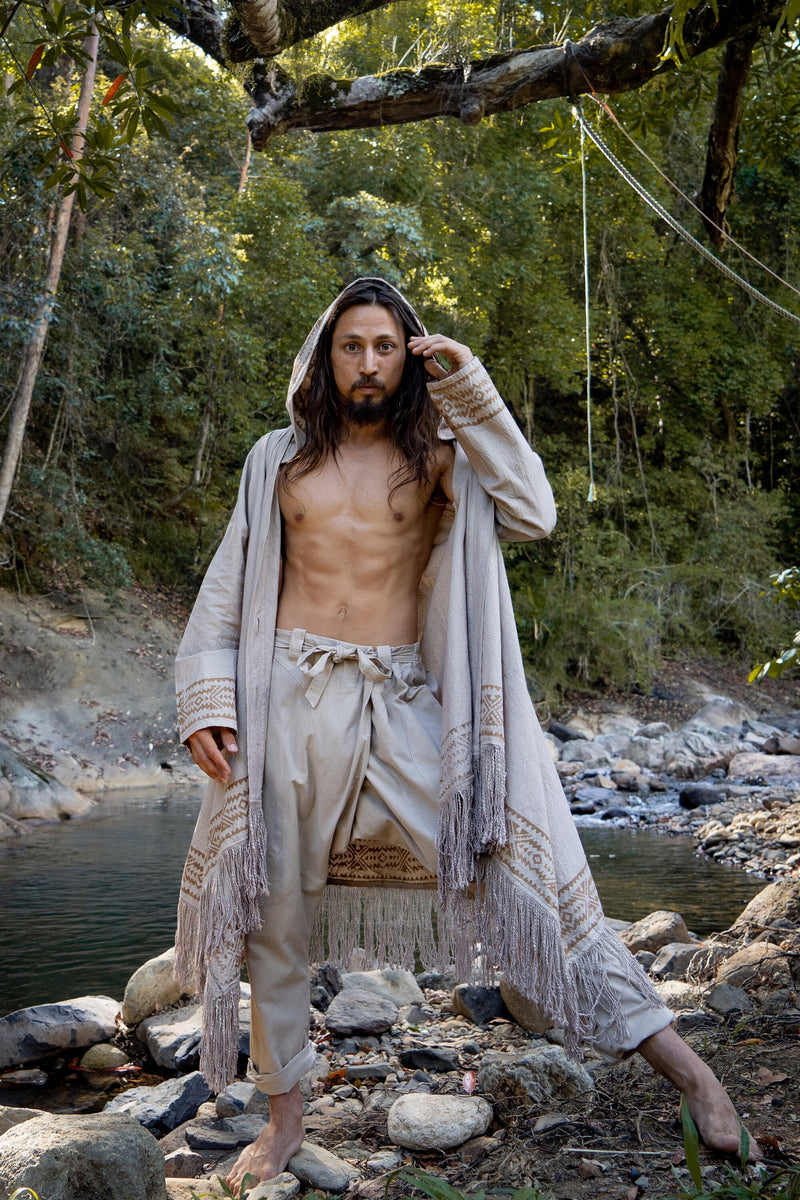 JUBBA Brown Mens Hooded Cloak Long Sleeve Poncho Jacket Festival Tribal Dystopian Apocalyptic Block Printed Steampunk Handmade Dune AJJAYA