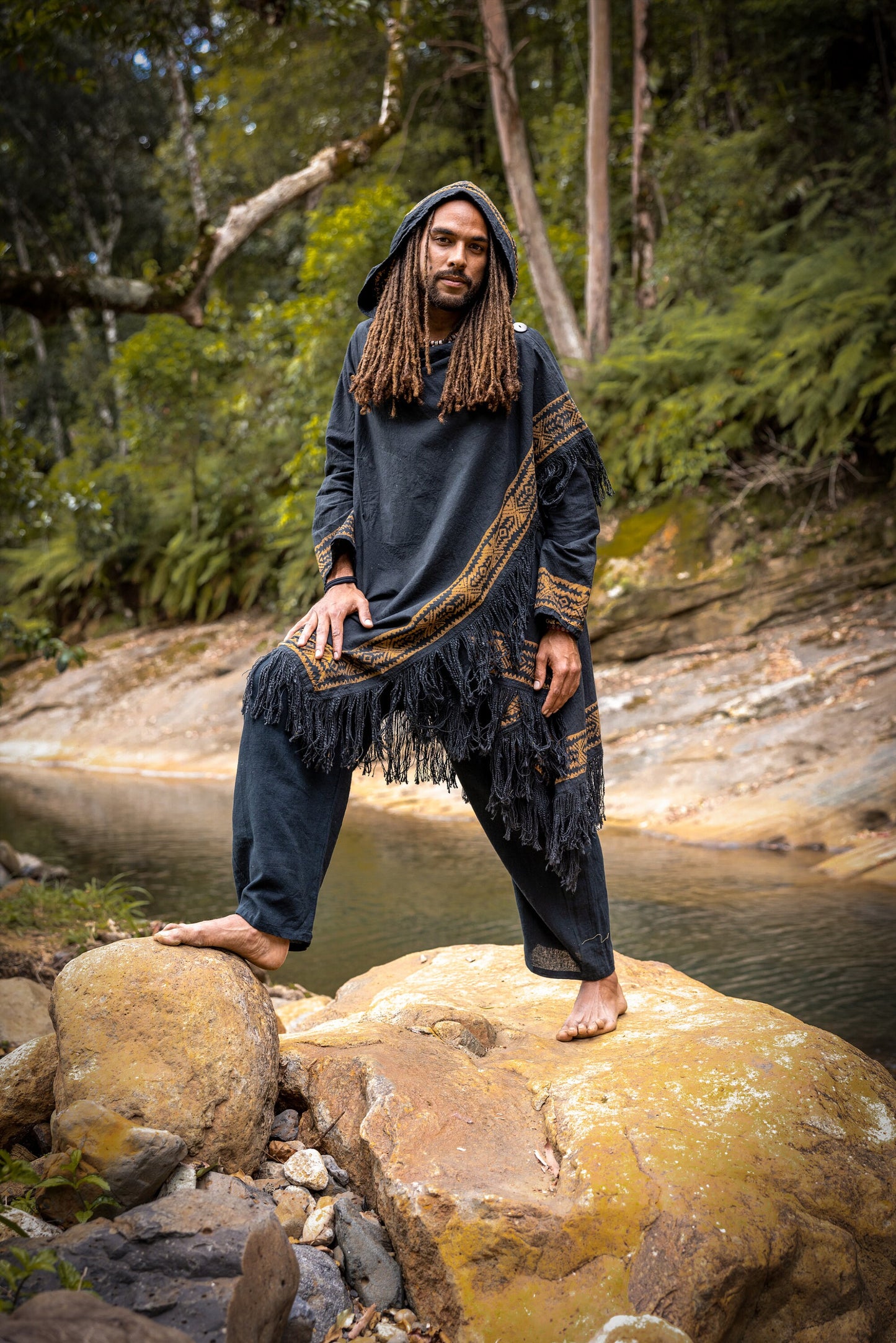 JUBBA Brown Mens Hooded Cloak Long Sleeve Poncho Jacket Festival Tribal Dystopian Apocalyptic Block Printed Steampunk Handmade Dune AJJAYA