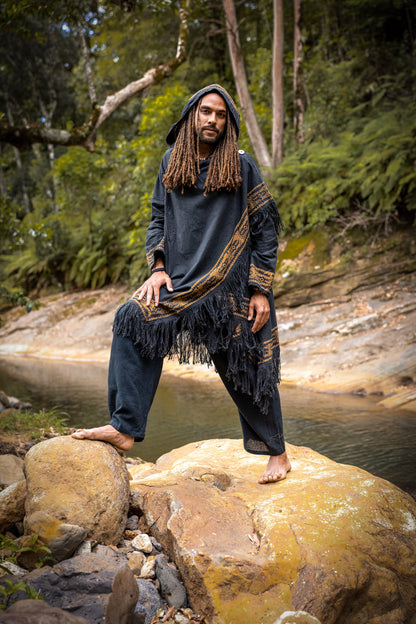 JUBBA Brown Mens Hooded Cloak Long Sleeve Poncho Jacket Festival Tribal Dystopian Apocalyptic Block Printed Steampunk Handmade Dune AJJAYA