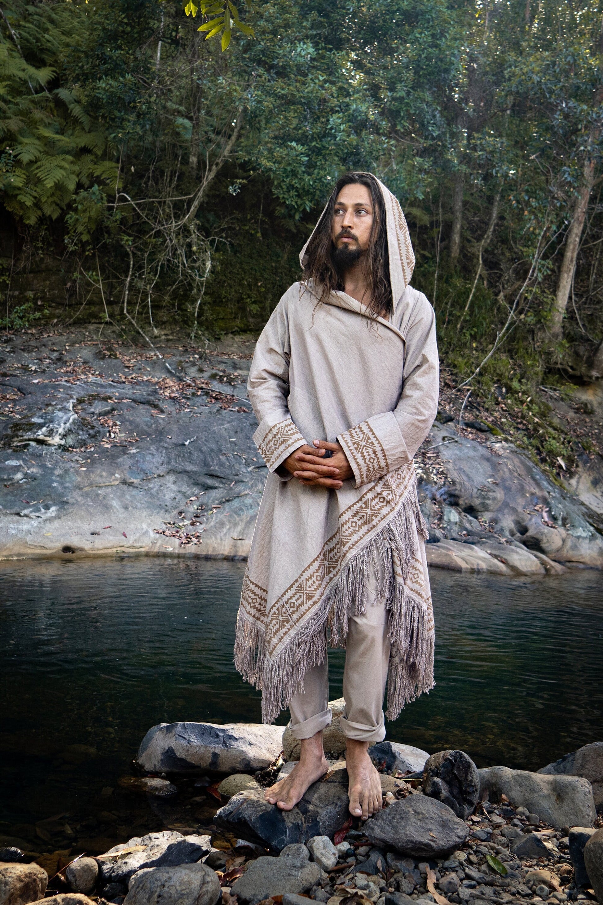 JUBBA Brown Mens Hooded Cloak Long Sleeve Poncho Jacket Festival Tribal Dystopian Apocalyptic Block Printed Steampunk Handmade Dune AJJAYA