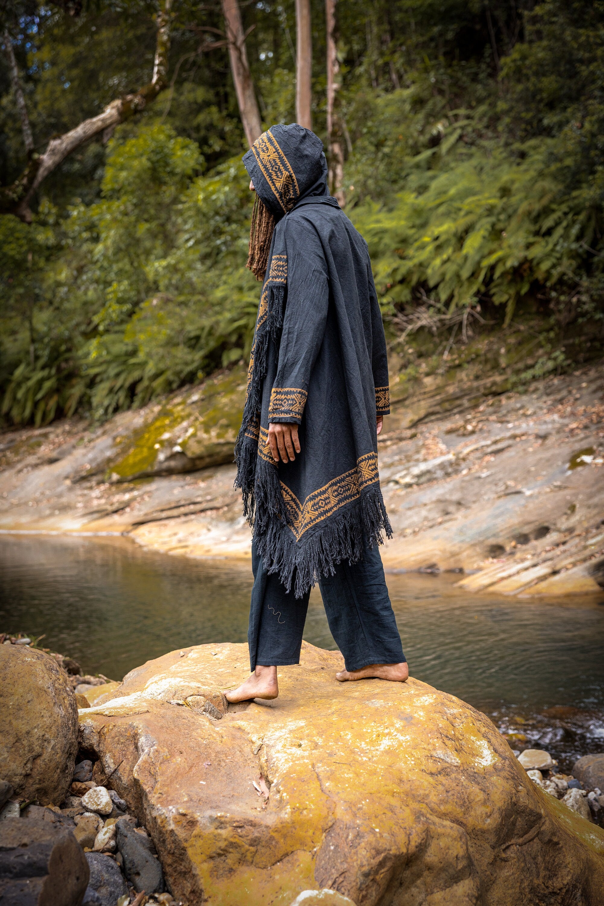 JUBBA Black Mens Hooded Cloak Long Sleeve Poncho Jacket Festival Tribal Dystopian Apocalyptic Block Printed Steampunk Handmade Dune AJJAYA
