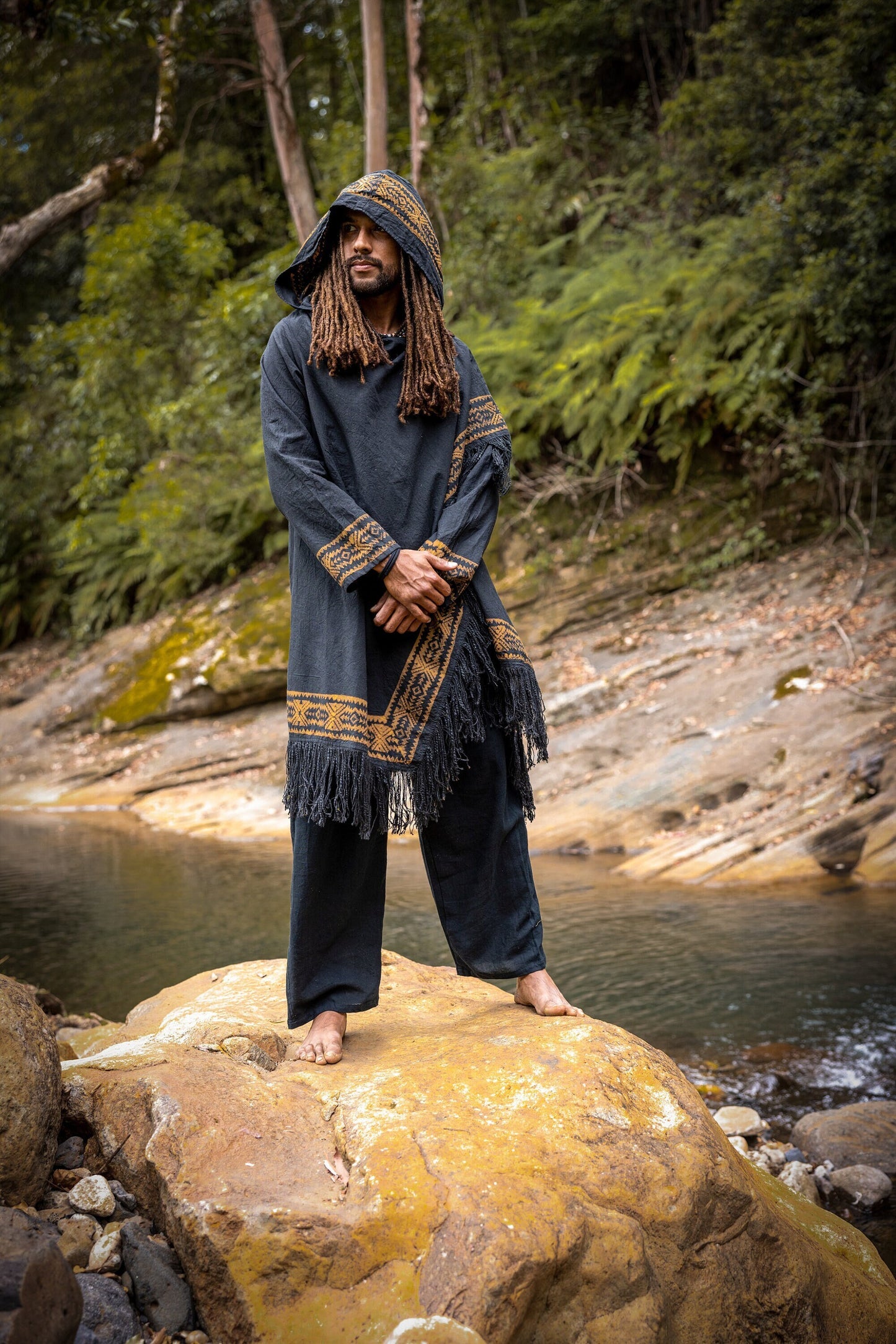 JUBBA Brown Mens Hooded Cloak Long Sleeve Poncho Jacket Festival Tribal Dystopian Apocalyptic Block Printed Steampunk Handmade Dune AJJAYA