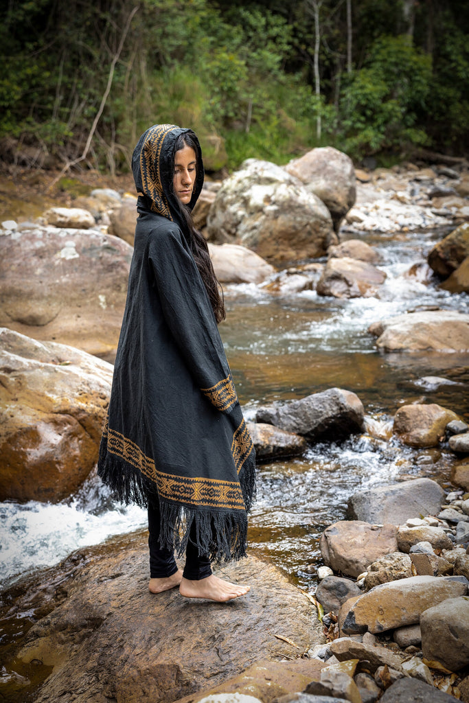 JUBBA Beige Mens Hooded Cloak Long Sleeve Poncho Jacket Festival Tribal Dystopian Apocalyptic Block Printed Steampunk Handmade Dune AJJAYA