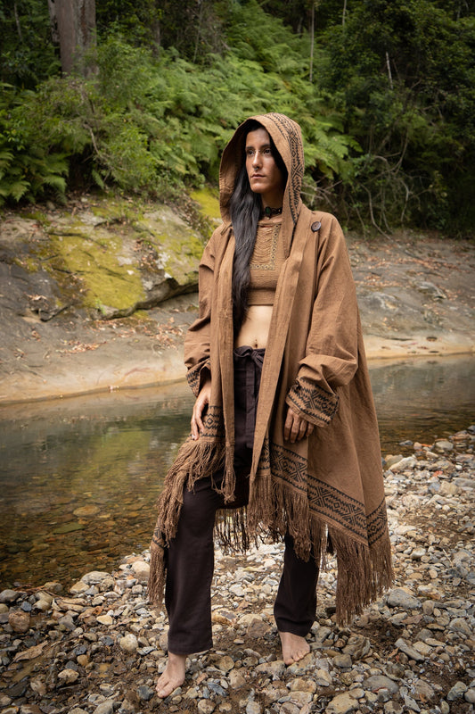 JUBBA Brown Womens Hooded Cloak Long Sleeve Poncho Jacket Festival Tribal Dystopian Apocalyptic Block Printed Steampunk Handmade Dune AJJAYA