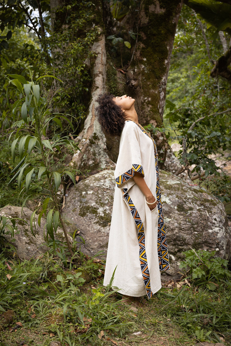 KAFATU Womens Beige Kaftan Dress Maxi African Tribal Patterns Handmade Robe Natural Cotton with Pockets Ceremony Ritual Festival Boho AJJAYA