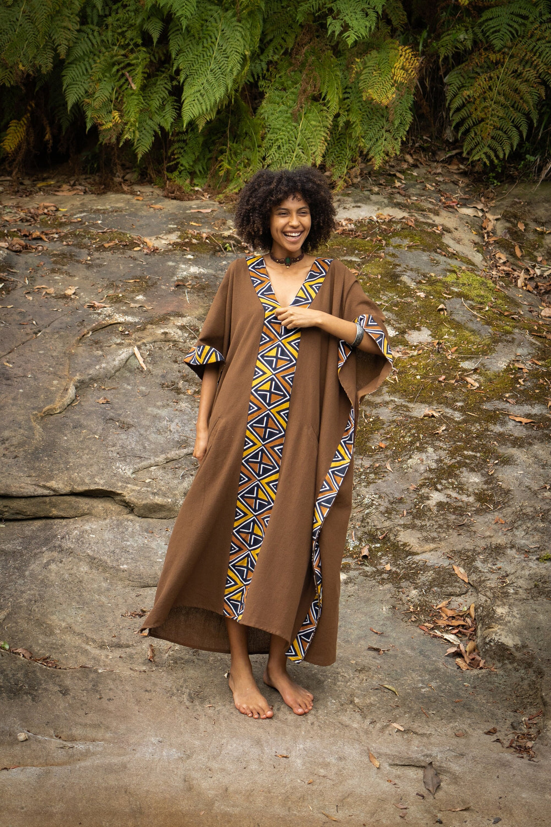 KAFATU Womens Kaftan Dress Maxi African Tribal Patterns Handmade Robe Natural Cotton with Pockets Ritual Festival Boho AJJAYA