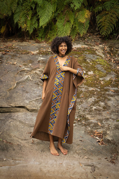KAFATU Womens Brown Kaftan Dress Maxi African Tribal Patterns Handmade Robe Natural Cotton with Pockets Ceremony Ritual Festival Boho AJJAYA