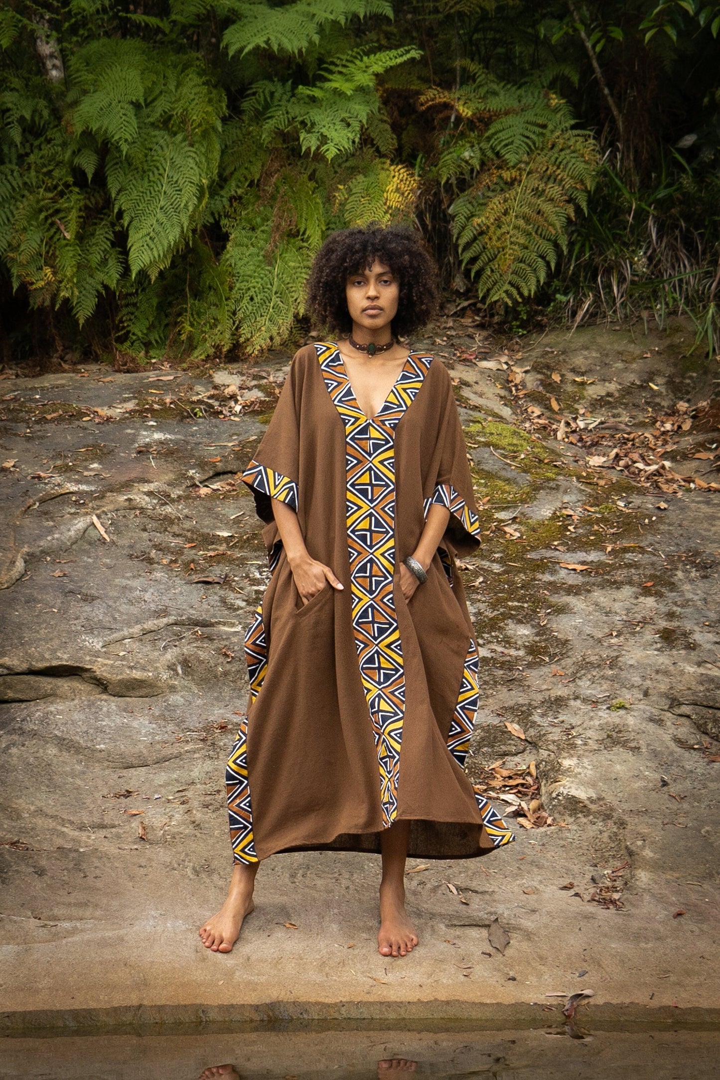 KAFATU Womens Brown Kaftan Dress Maxi African Tribal Patterns Handmade Robe Natural Cotton with Pockets Ceremony Ritual Festival Boho AJJAYA