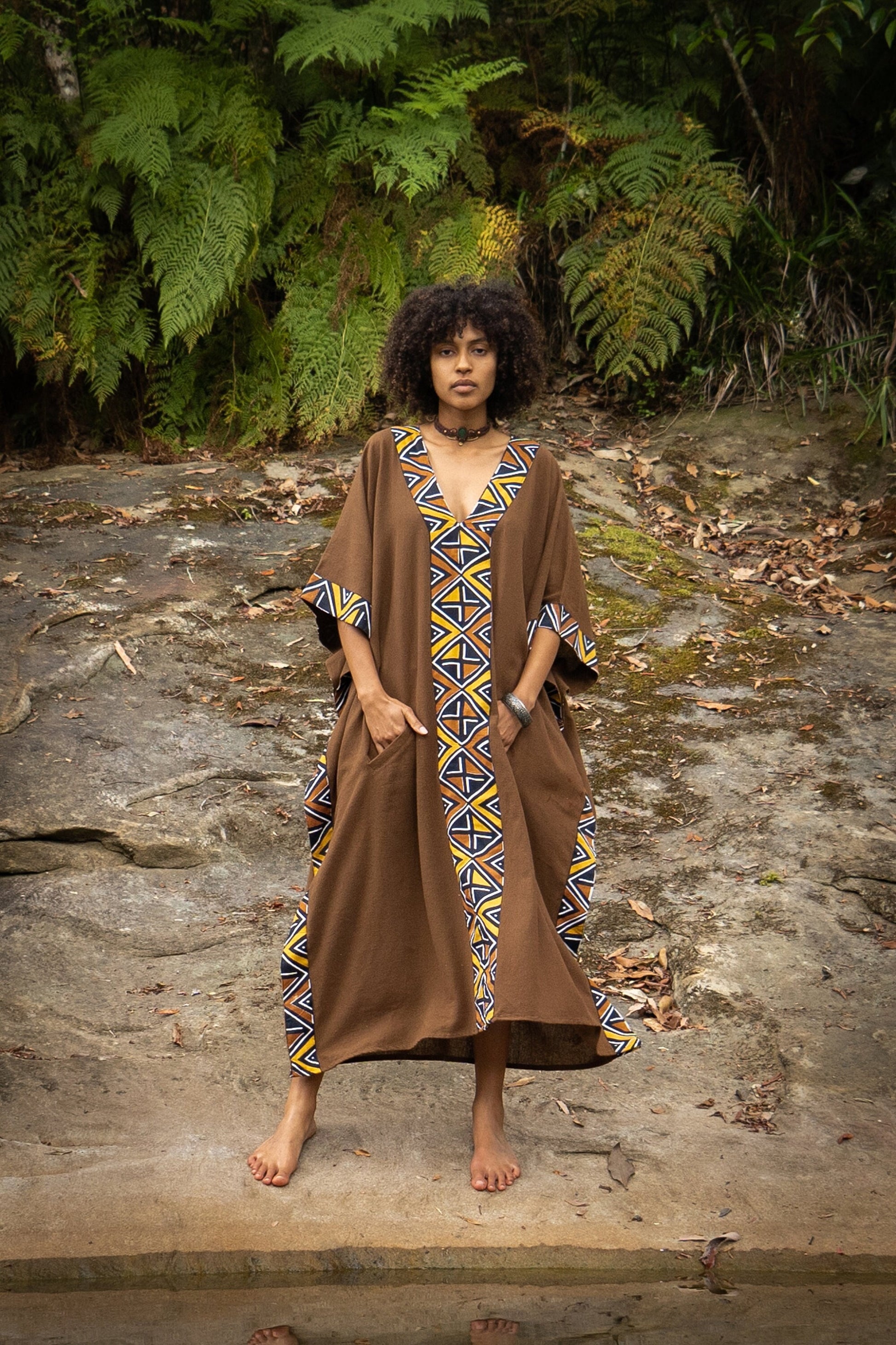 KAFATU Womens Brown Kaftan Dress Maxi African Tribal  AJJAYA