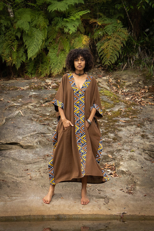 KAFATU Womens Brown Kaftan Dress Maxi African Tribal Patterns Handmade Robe Natural Cotton with Pockets Ceremony Ritual Festival Boho AJJAYA