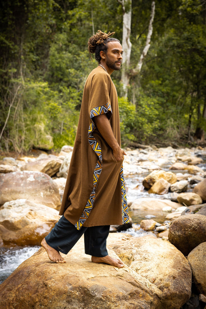 KAFATU Mens Brown Kaftan Kurta Top African Tribal Patterns Handmade Robe Natural Cotton with Pockets Ceremony Ritual Festival Boho AJJAYA