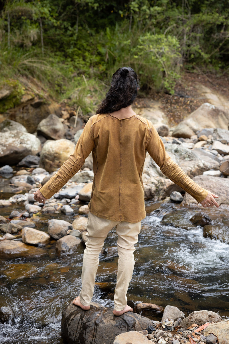 JAMIS Rustic Orange Mens Jumper Long Sleeve Top Pullover Handmade Apocalyptic Dune Rugged Stone Washed Primitive Festival Steampunk AJJAYA