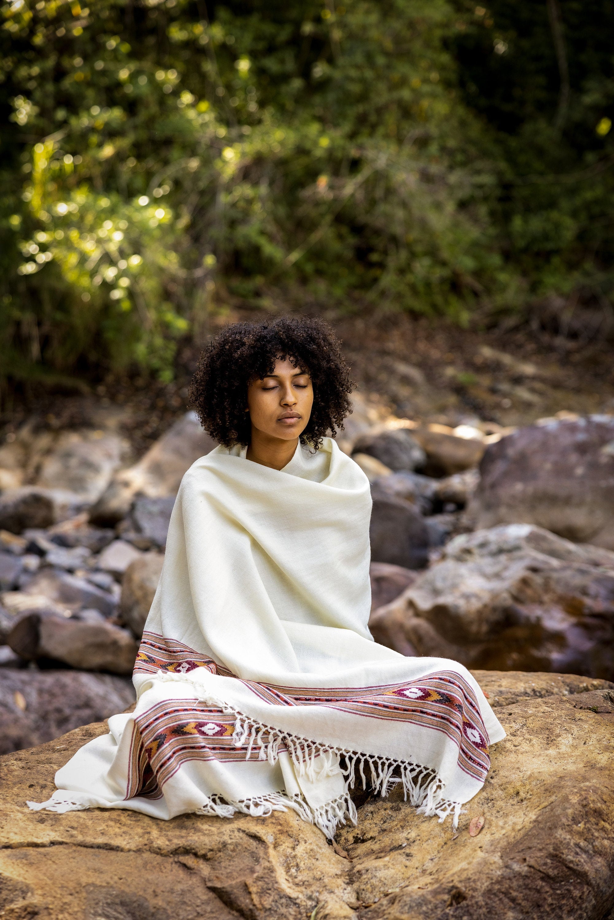 BHAVA Shawl White Handwoven Wool Meditation Prayer Scarf Blanket Premium Pure Cashmere Tibetan Winter Tribal Zen Embroidery Boho AJJAYA