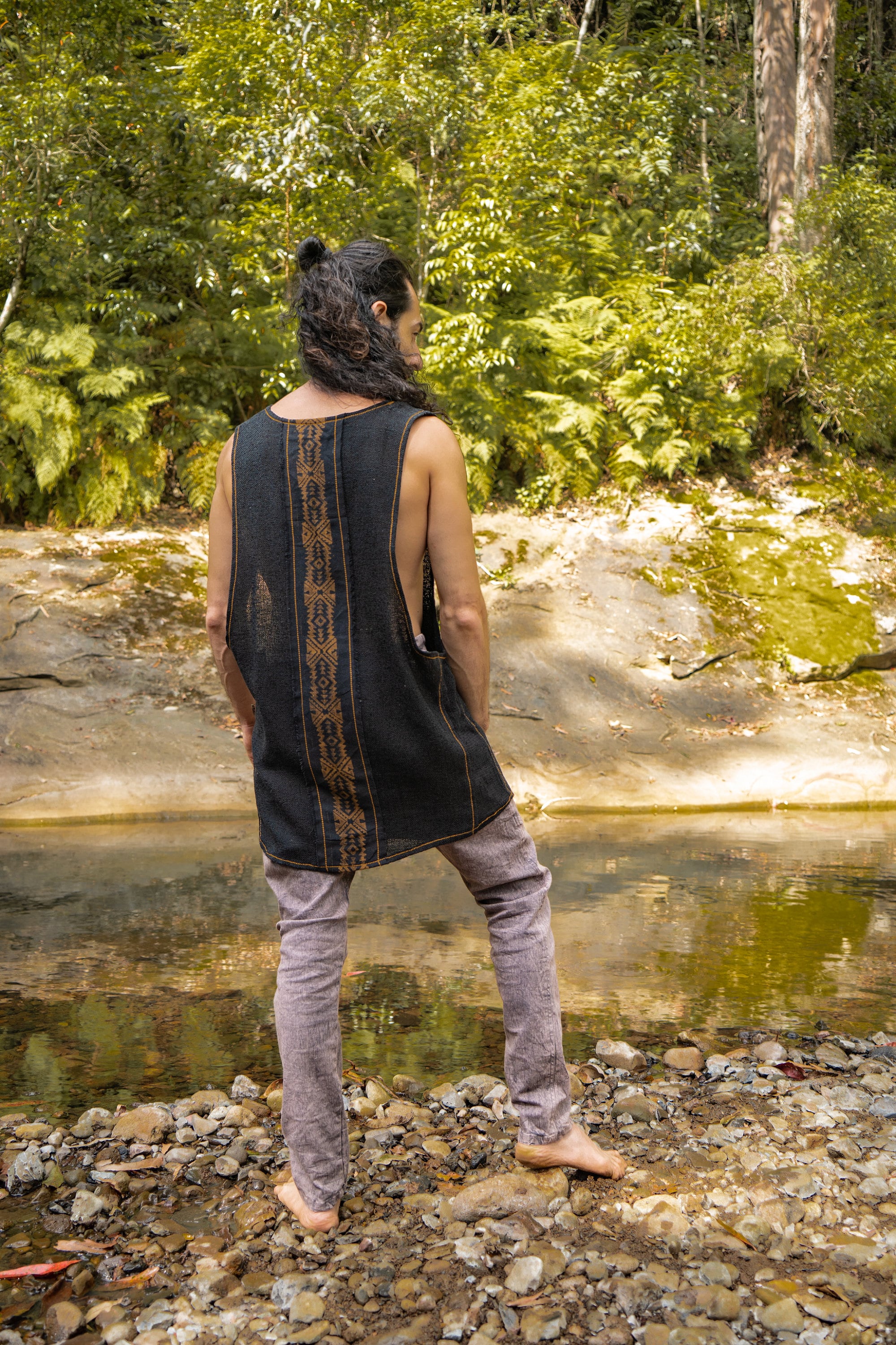 KAZA Mens Black Tank Top Sleeveless Yoga Deep Cut Breathable Semi See-through Cotton Tribal Pattern Block Printed Festival Ceremonial AJJAYA