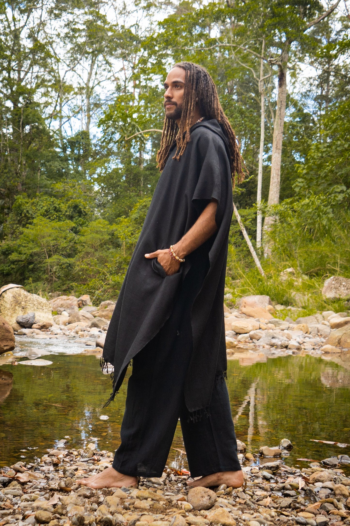 SAHAJI Poncho Black Pure Cashmere Wool Hooded Mens Long with Pockets Handmade Handwoven Viking Festival Ceremony Gypsy Boho Mexican AJJAYA