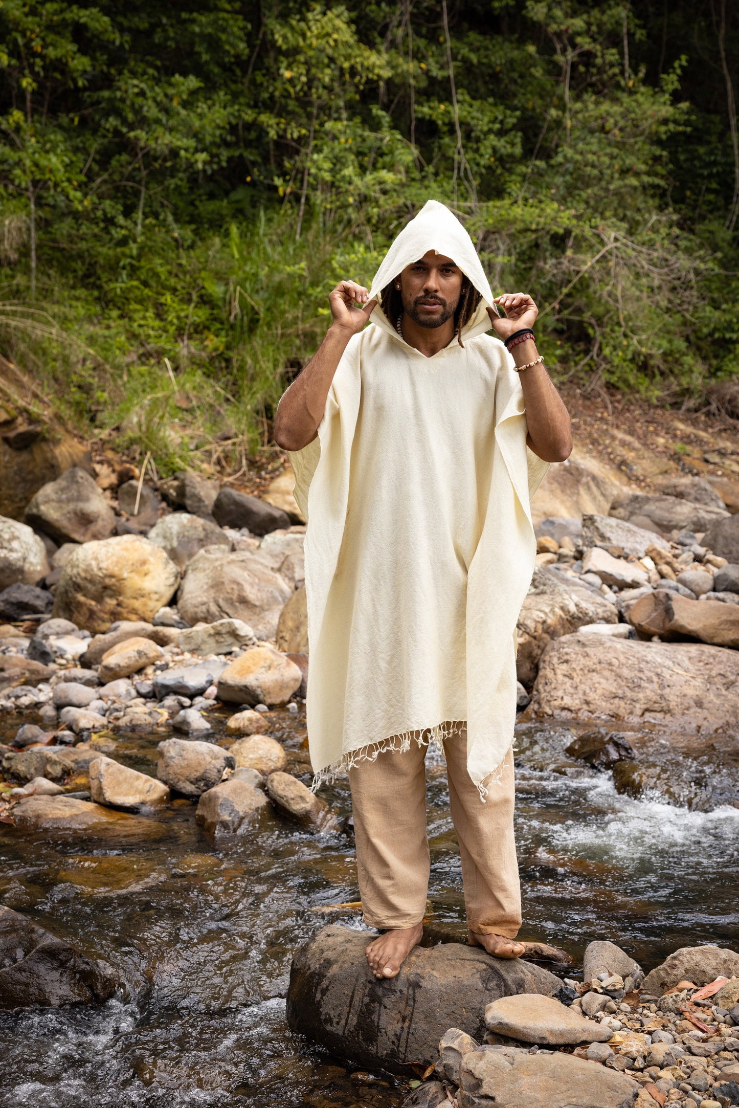 SAHAJI Poncho Beige Pure Cashmere Wool Hooded Mens Long with Pockets Handmade Handwoven Viking Festival Ceremony Gypsy Boho Mexican AJJAYA