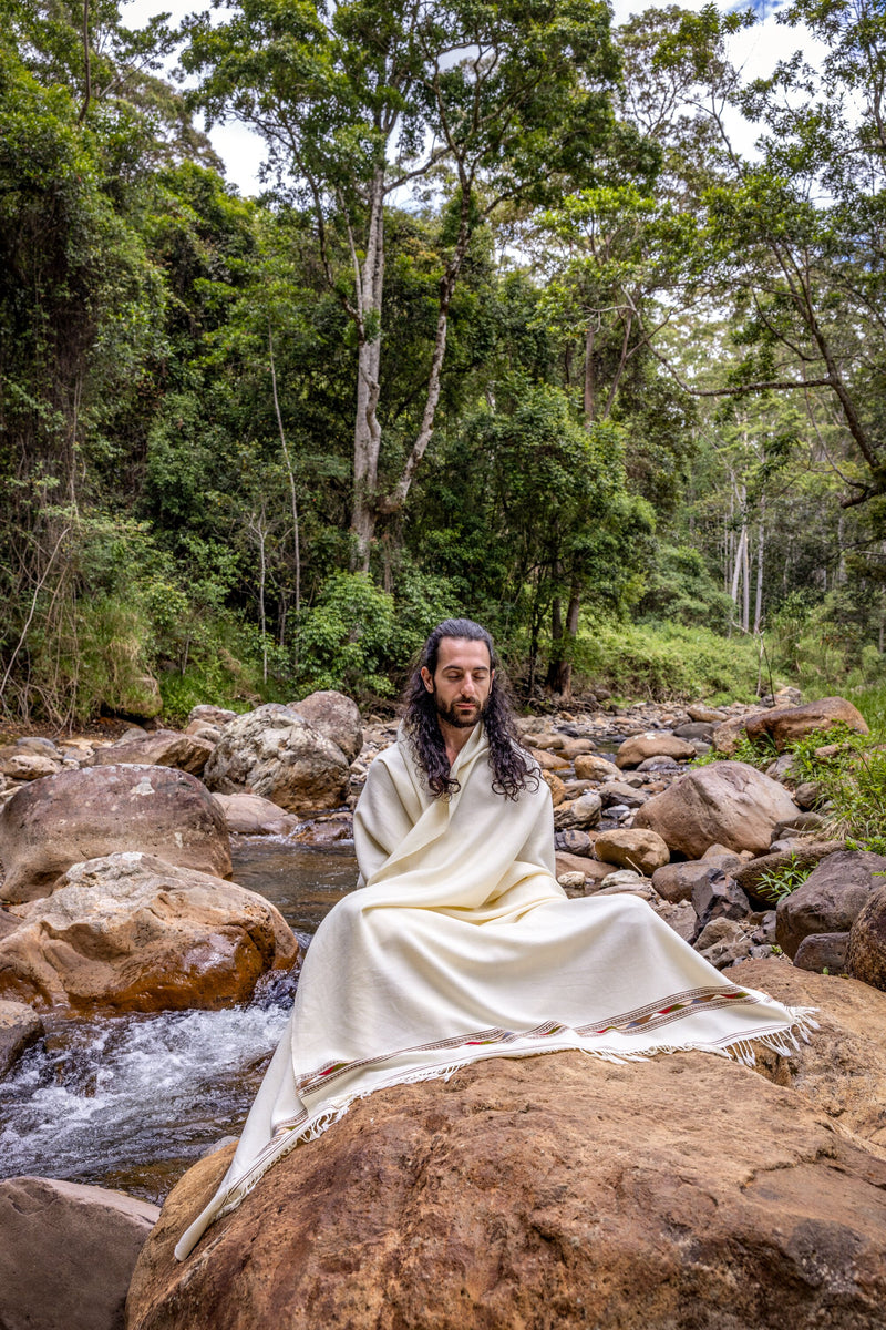 TATHAGATHA White Beige Oversized Meditation Shawl Handwoven Pure Cashmere Wool Embroidered Blanket Handmade Winter Zen Wrap Himalayan AJJAYA